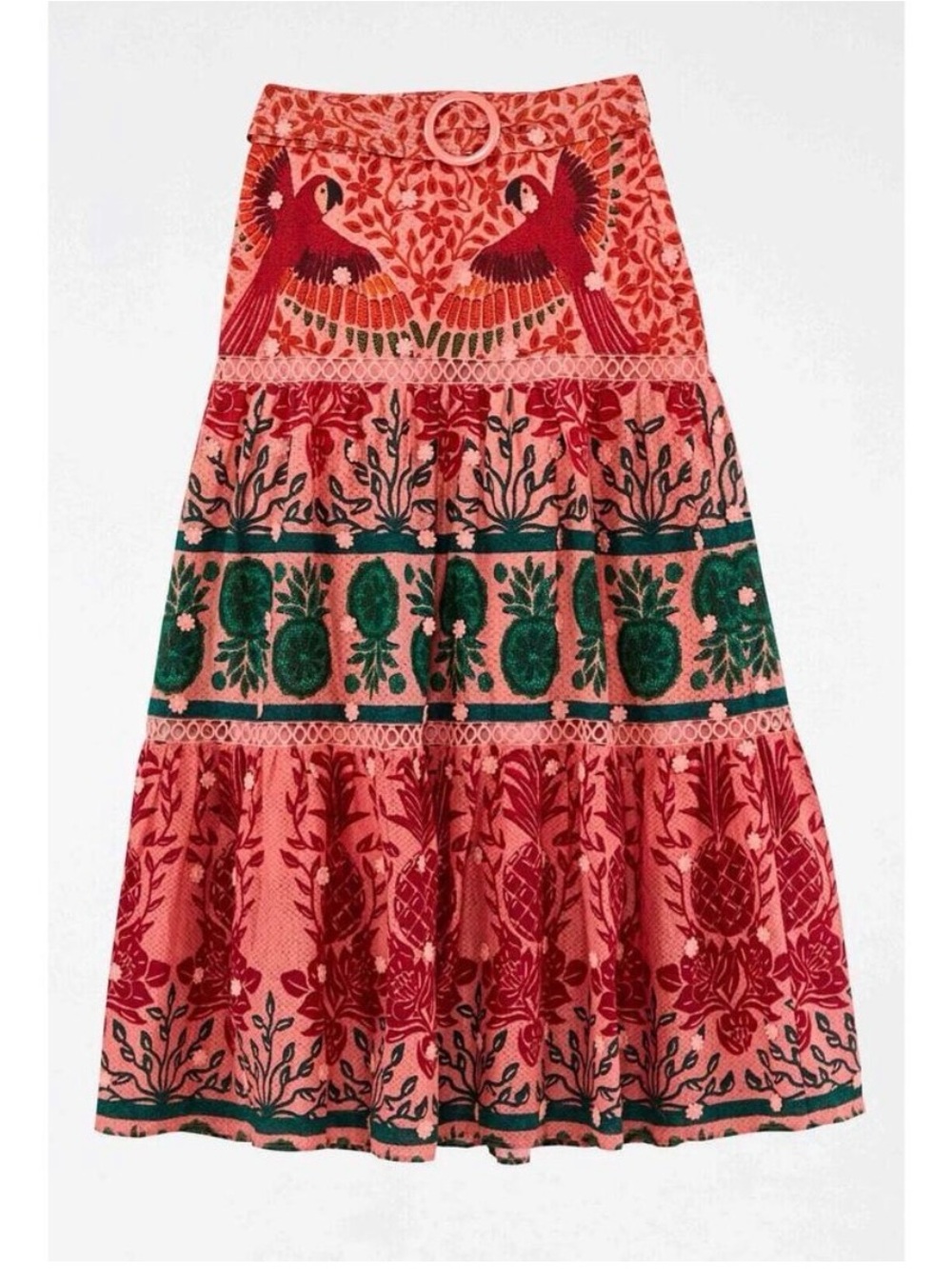 Farm Rio Ainiika Printed Tiered Maxi Skirt with Belt Pink Red Green M NWOT